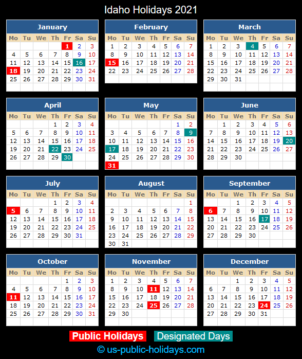 Idaho Holiday Calendar 2021